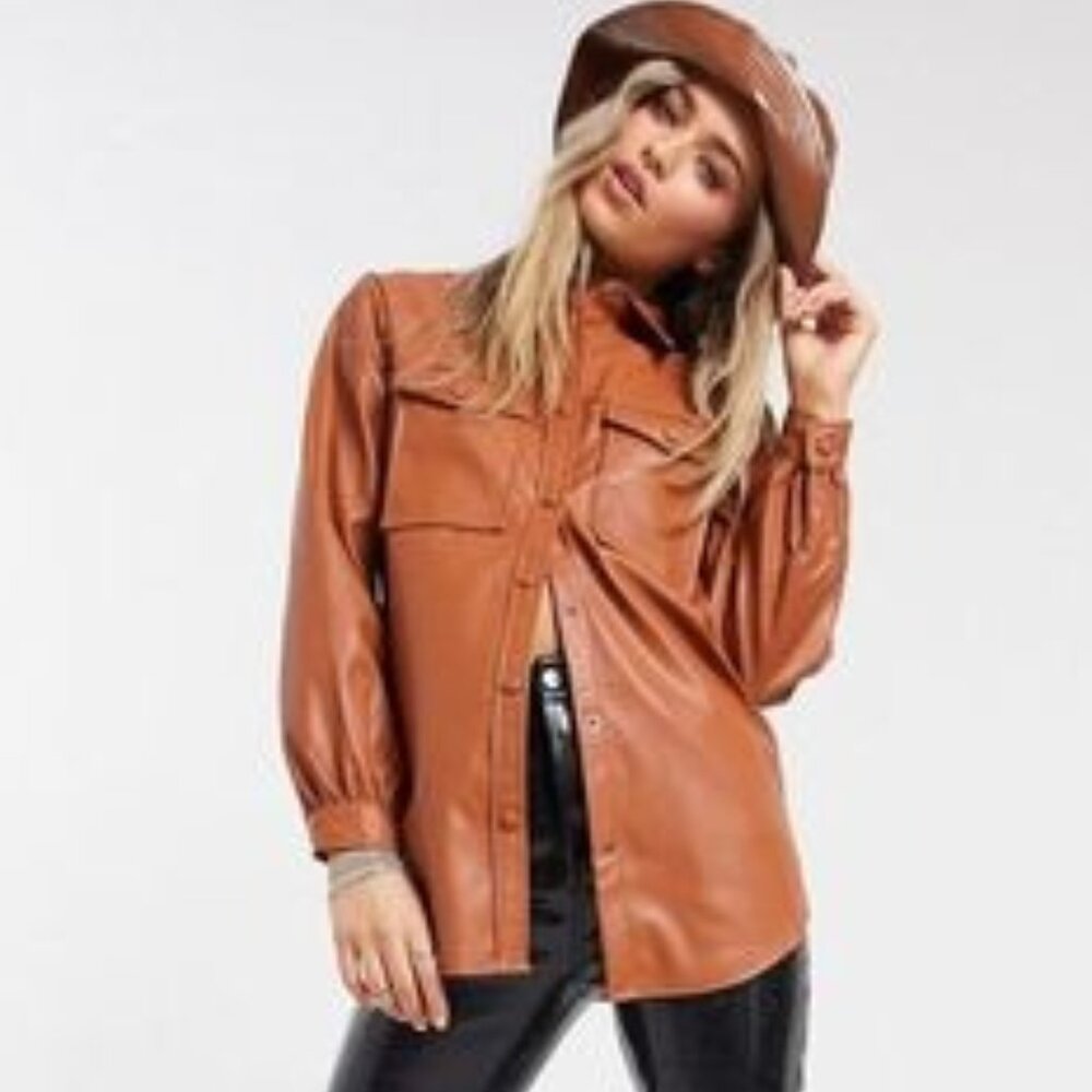 New Look Utility Leather Look Shacket in Rust – US 14